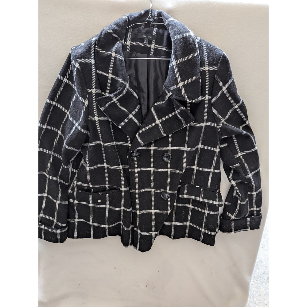 Larry Levine Womens Black White Windowpane Plaid Double Breasted Pea Coat Large